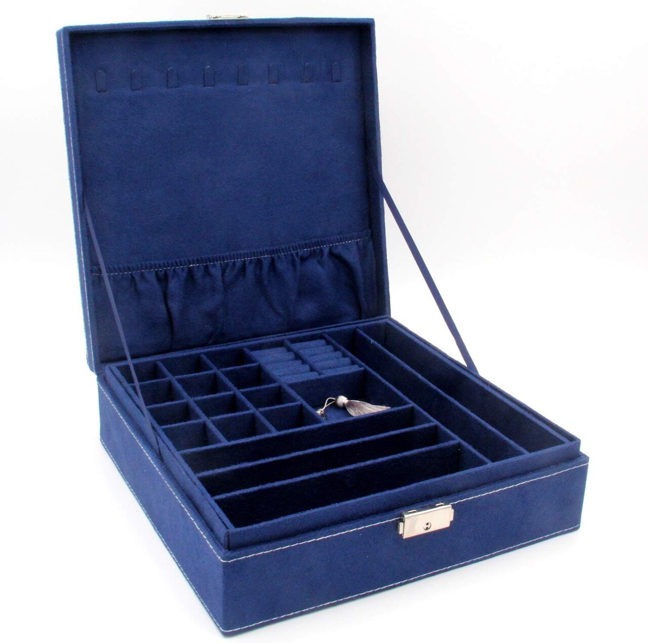 Two-Layer Jewelry Box Organizer Display Storage case with Lock (Deep Blue)